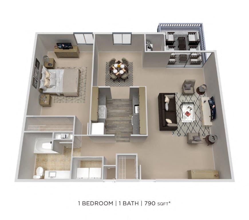 Floor plan for 1 bed, 1 bath, 790 sqft